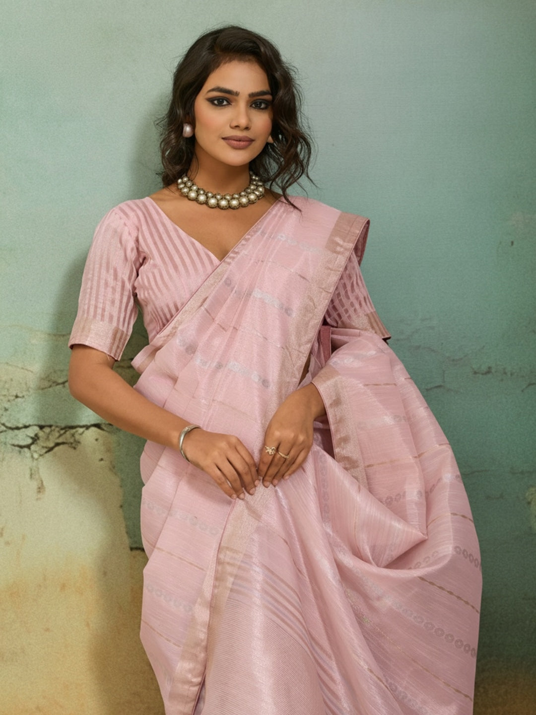 Peachmode Pink Tissue Linen Blend Saree with Zari Woven Border - Image 4