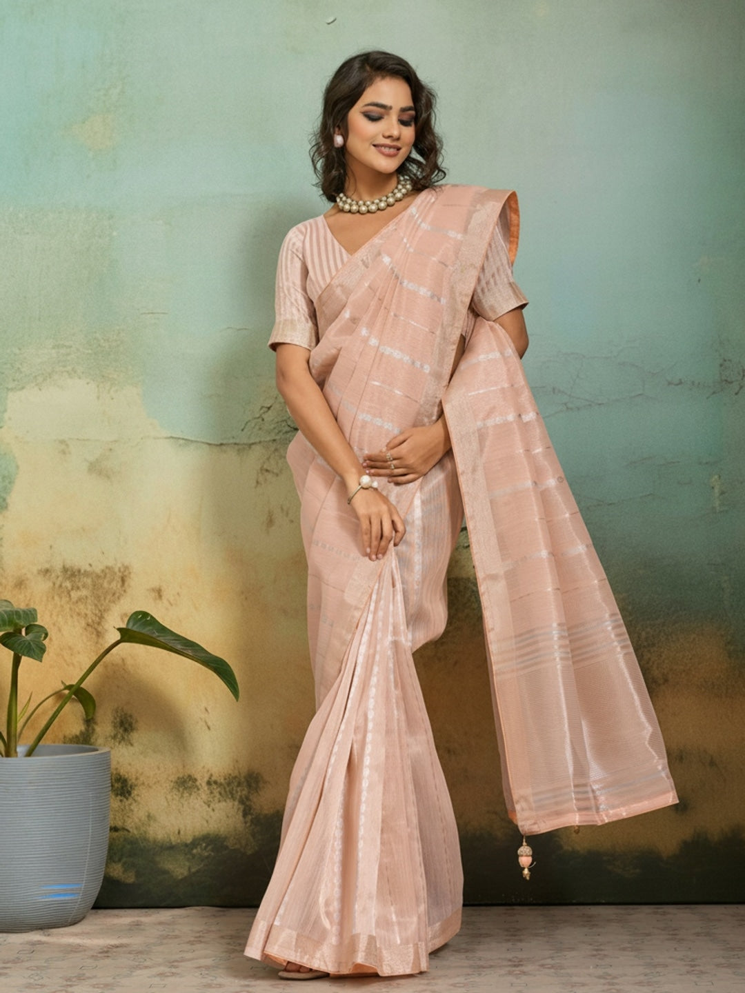 Peachmode Peach Tissue Linen Blend Saree with Zari Woven Border - Image 3