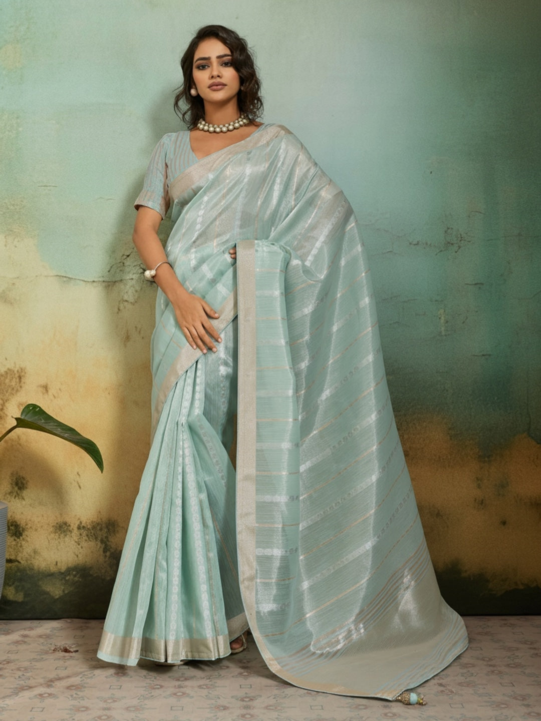 Peachmode Sea Green Tissue Linen Blend Saree with Zari Woven Border - Image 3