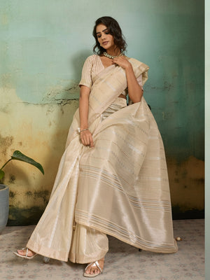 Peachmode Cream Tissue Linen Blend Saree with Zari Woven Border - Image 1