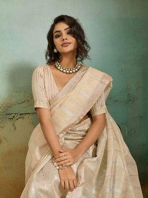 Peachmode Cream Tissue Linen Blend Saree with Zari Woven Border - Image 2
