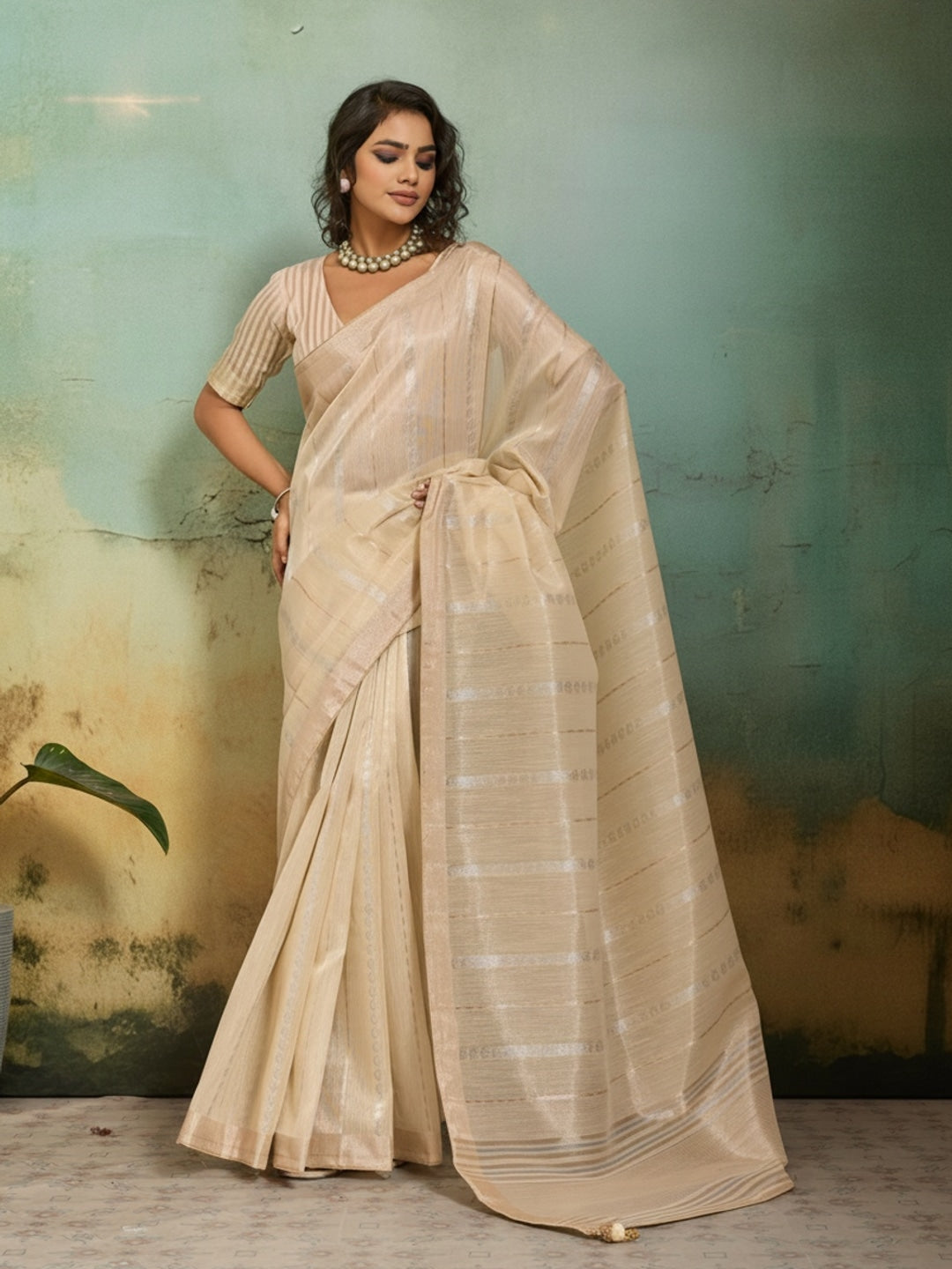 Peachmode Cream Tissue Linen Blend Saree with Zari Woven Border - Image 3