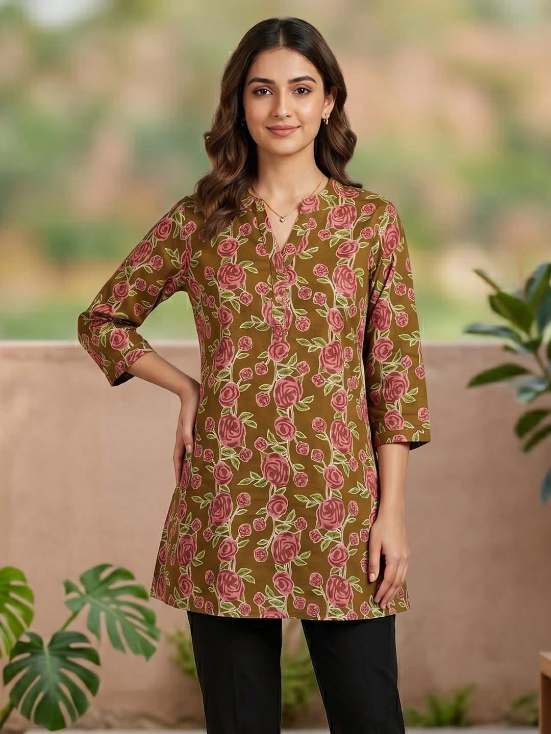 Mehandi Green Floral Printed Pure Cotton A-Line Casual Top - Image 1