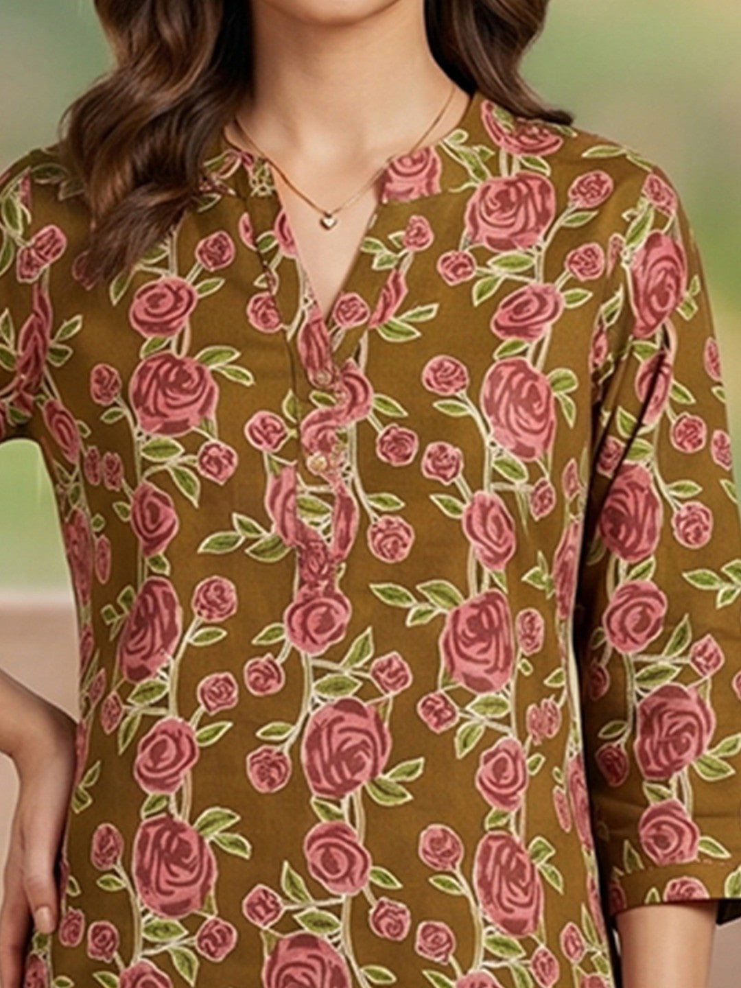 Mehandi Green Floral Printed Pure Cotton A-Line Casual Top - Image 2