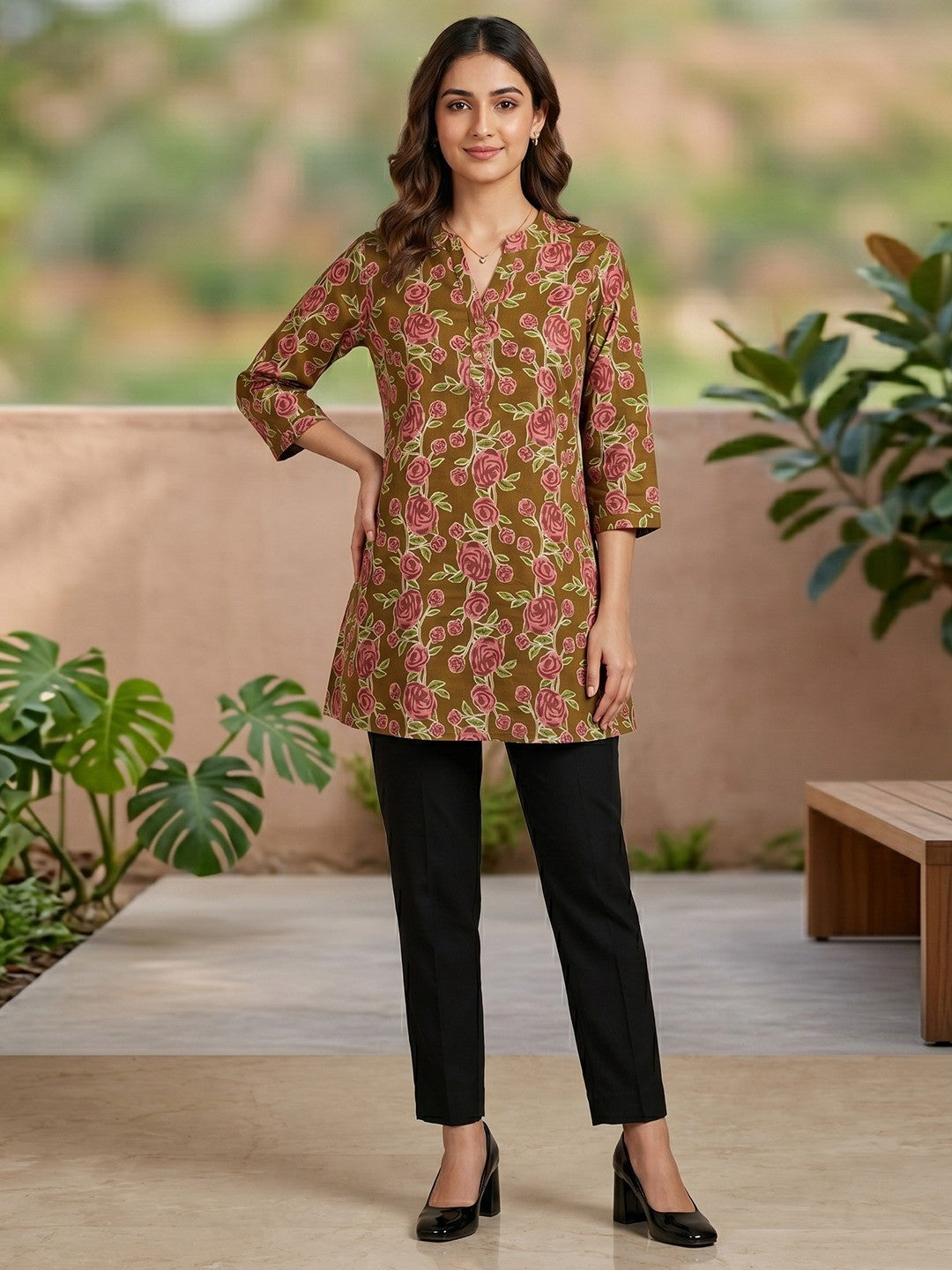 Mehandi Green Floral Printed Pure Cotton A-Line Casual Top - Image 5