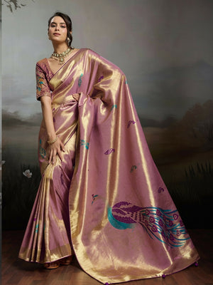 Peachmode Pink Banarasi Jacquard Saree with Peacock Woven Pallu - Image 1