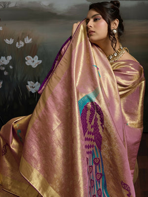 Peachmode Pink Banarasi Jacquard Saree with Peacock Woven Pallu - Image 2