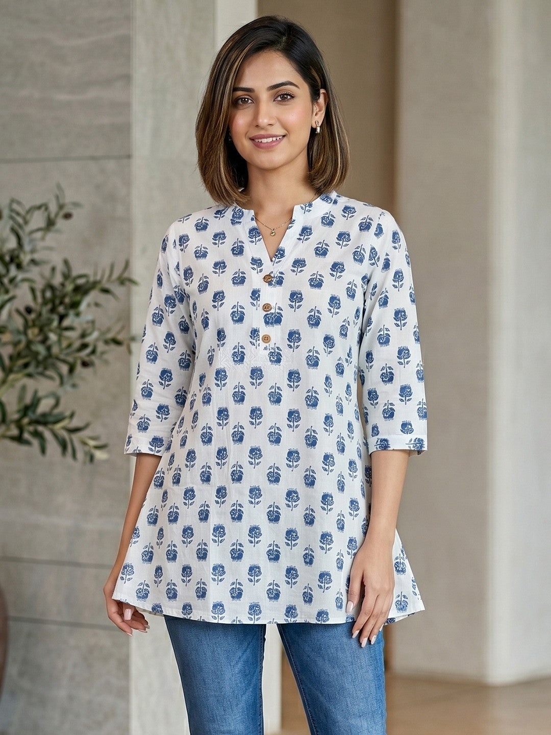 White Floral Printed Pure Cotton A-Line Casual Top - Image 1