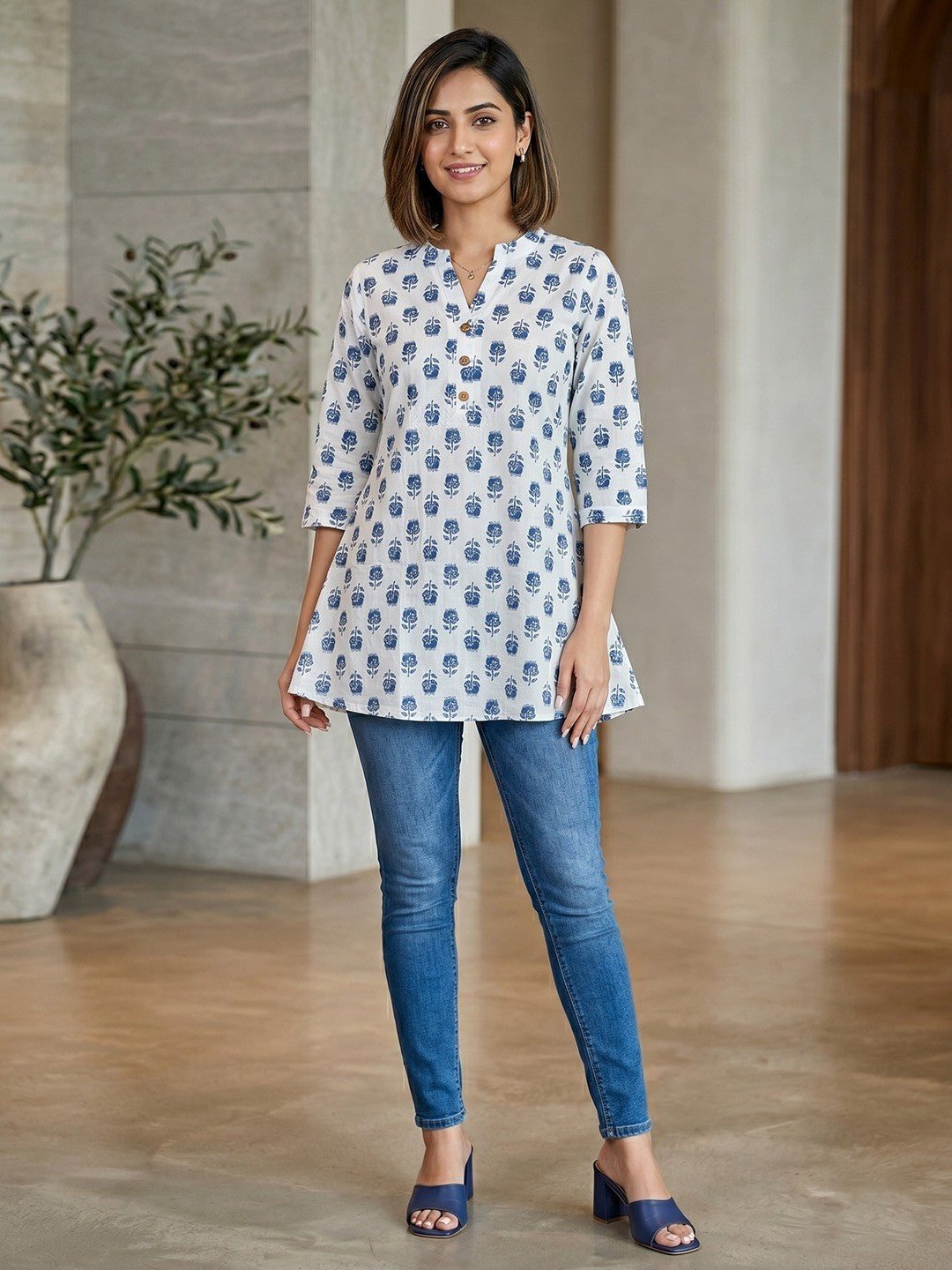White Floral Printed Pure Cotton A-Line Casual Top - Image 5
