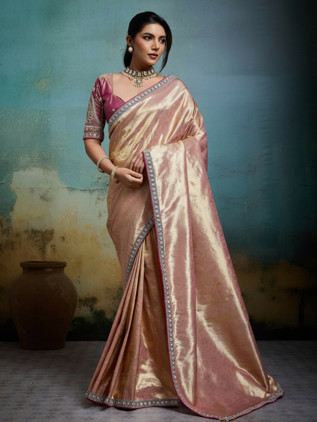 Peachmode Pink Tissue Banarasi Saree with Beads and Sequins Lace - Image 1