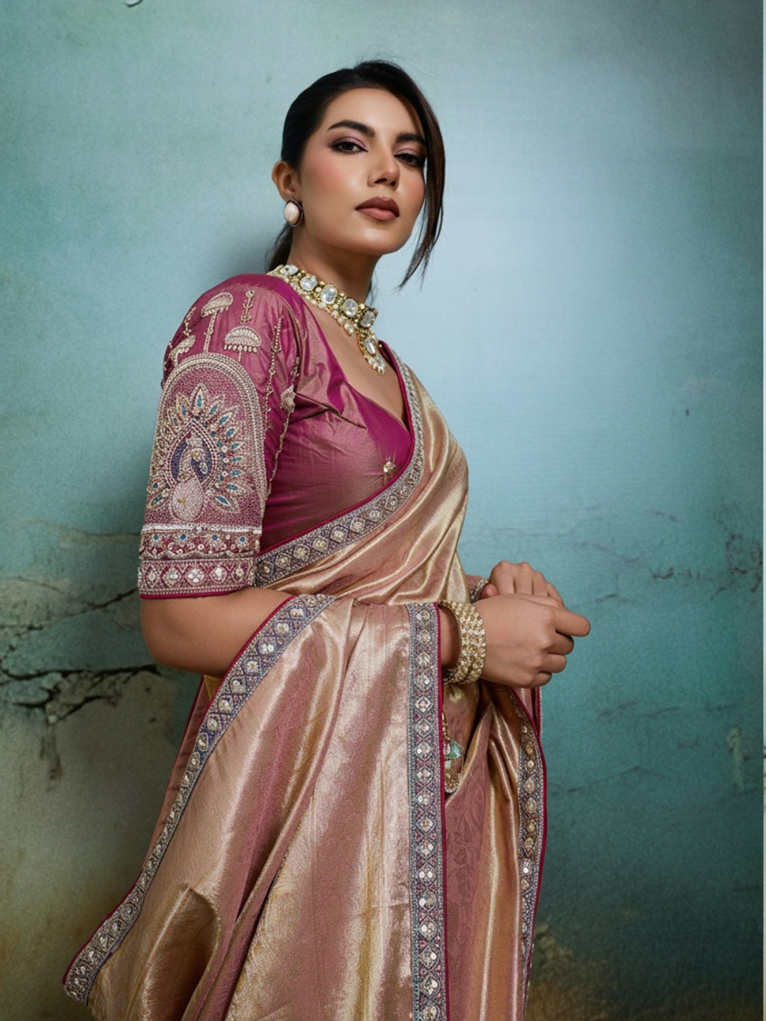 Peachmode Pink Tissue Banarasi Saree with Beads and Sequins Lace - Image 2