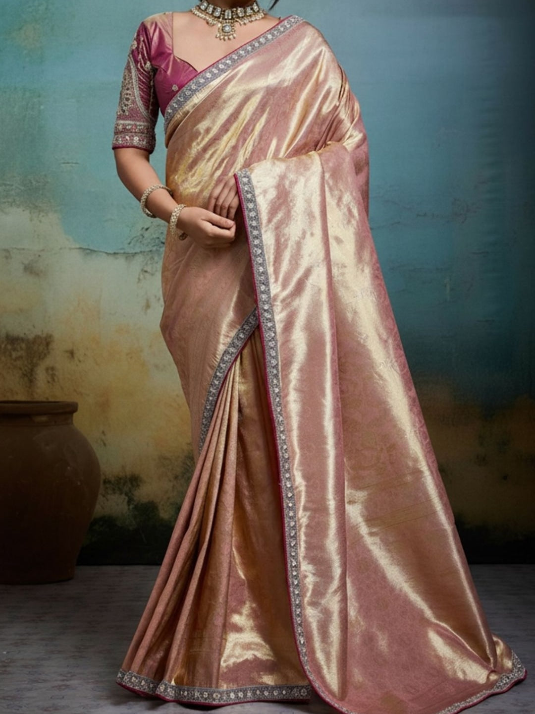 Peachmode Pink Tissue Banarasi Saree with Beads and Sequins Lace - Image 3