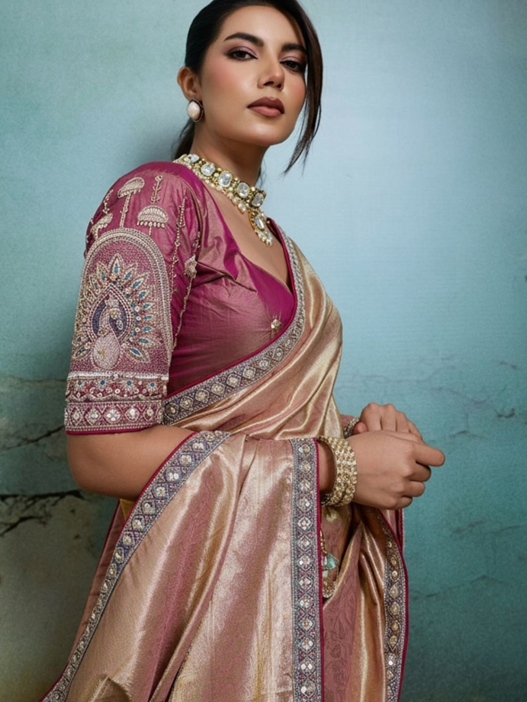 Peachmode Pink Tissue Banarasi Saree with Beads and Sequins Lace - Image 4