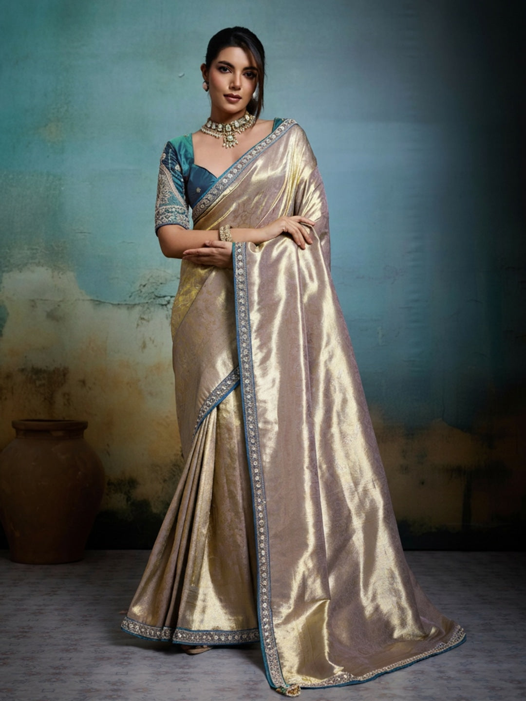 Peachmode Beige Tissue Banarasi Saree with Beads and Sequins Lace - Image 1