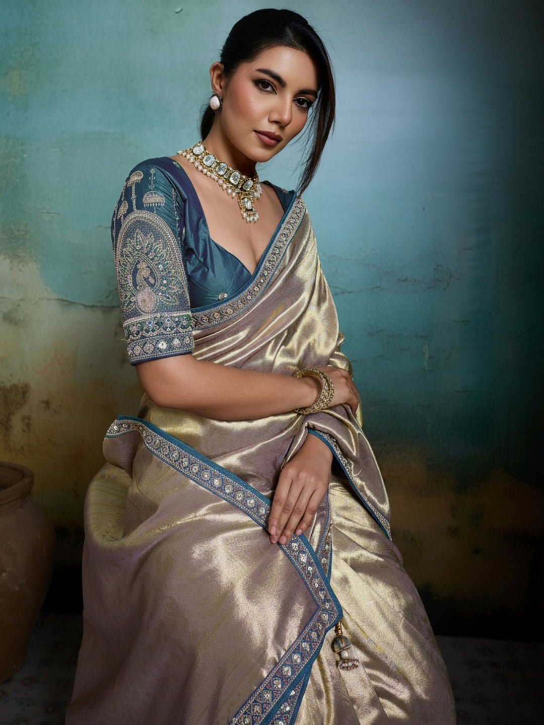 Peachmode Beige Tissue Banarasi Saree with Beads and Sequins Lace - Image 2