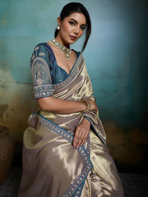 Peachmode Beige Tissue Banarasi Saree with Beads and Sequins Lace - Image 2