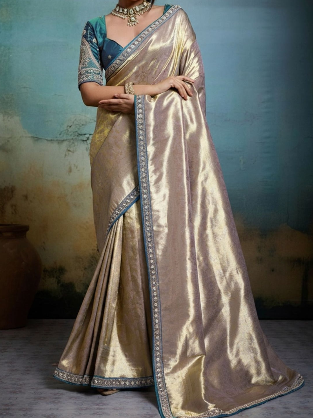 Peachmode Beige Tissue Banarasi Saree with Beads and Sequins Lace - Image 3