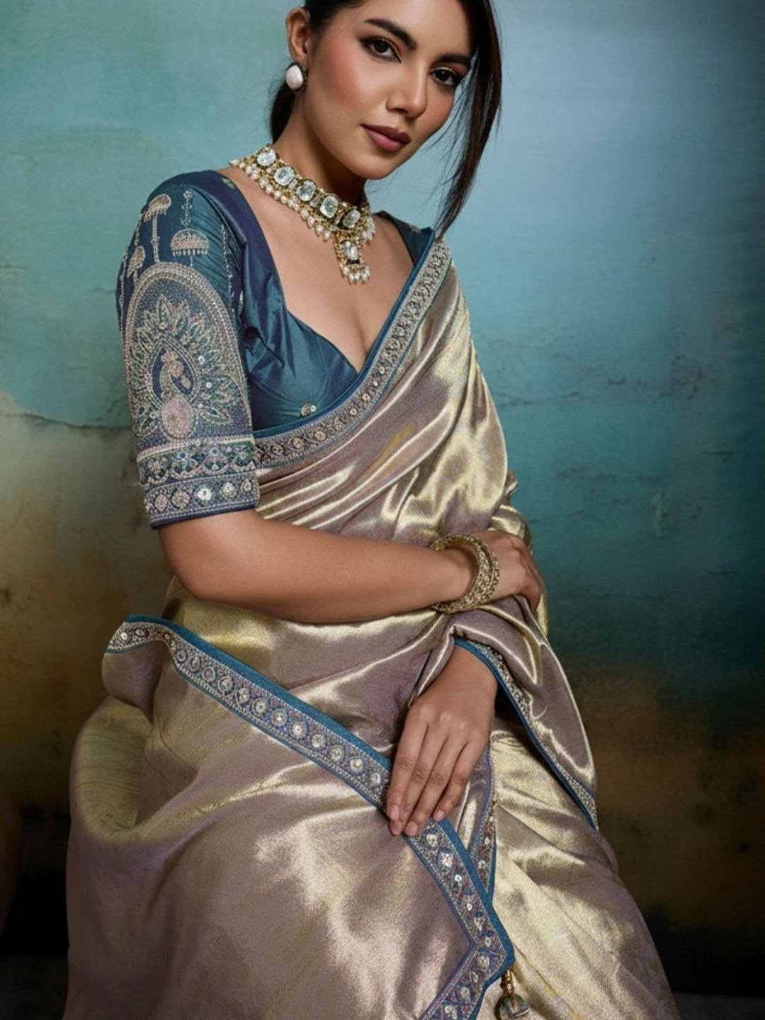 Peachmode Beige Tissue Banarasi Saree with Beads and Sequins Lace - Image 4