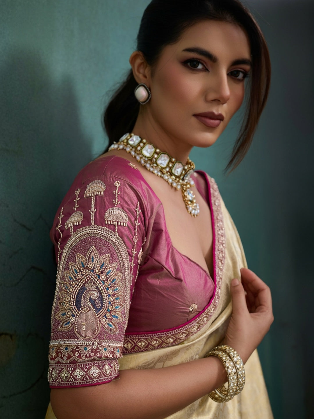 Peachmode Green Tissue Banarasi Saree with Beads and Sequins Lace - Image 1