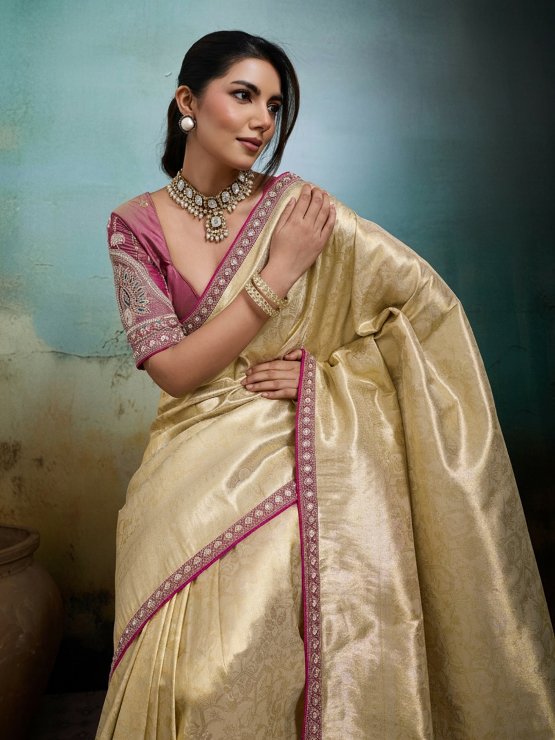 Peachmode Green Tissue Banarasi Saree with Beads and Sequins Lace - Image 2