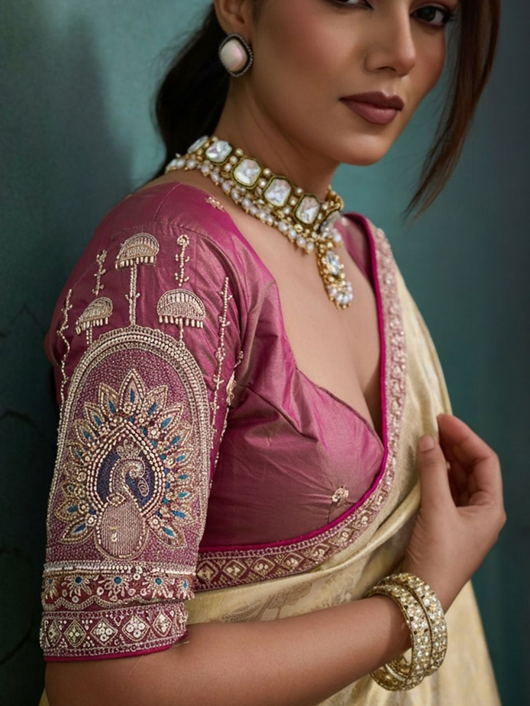 Peachmode Green Tissue Banarasi Saree with Beads and Sequins Lace - Image 3