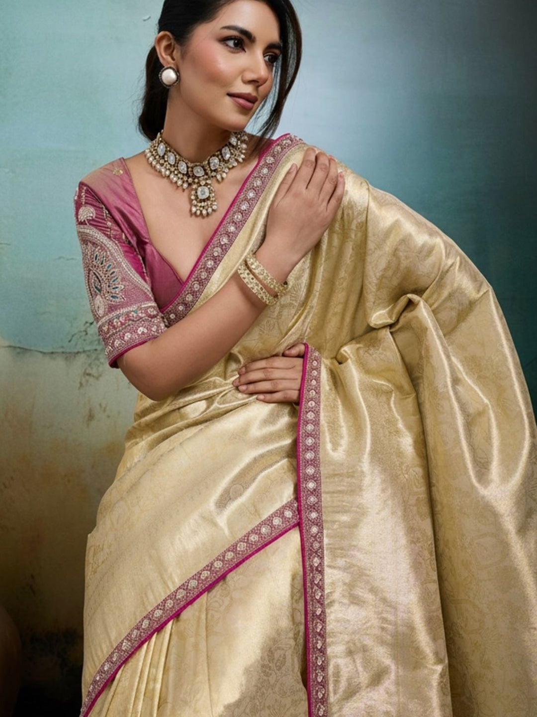 Peachmode Green Tissue Banarasi Saree with Beads and Sequins Lace - Image 4