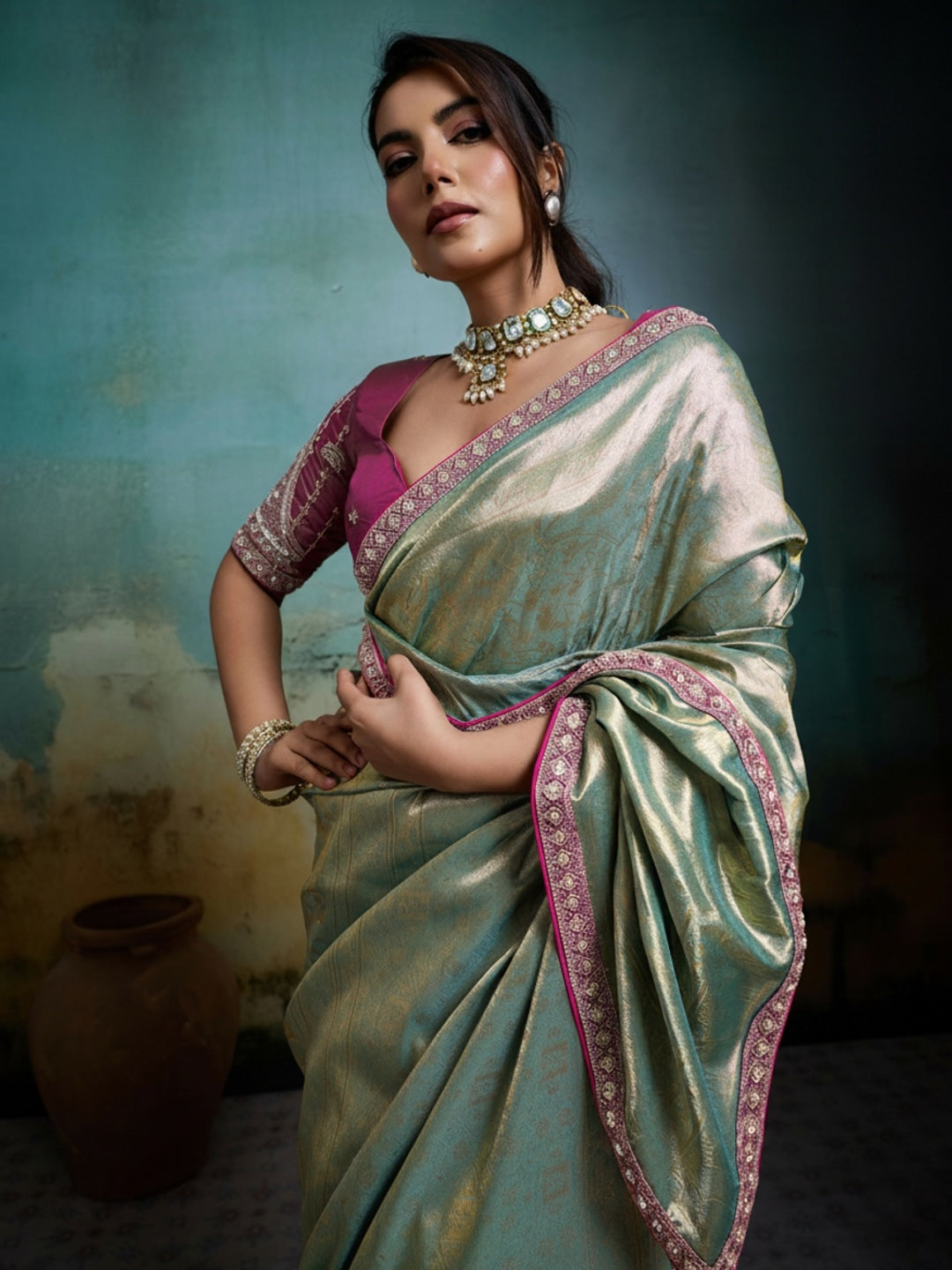 Peachmode Sea Green Tissue Banarasi Saree with Beads and Sequins Lace - Image 1