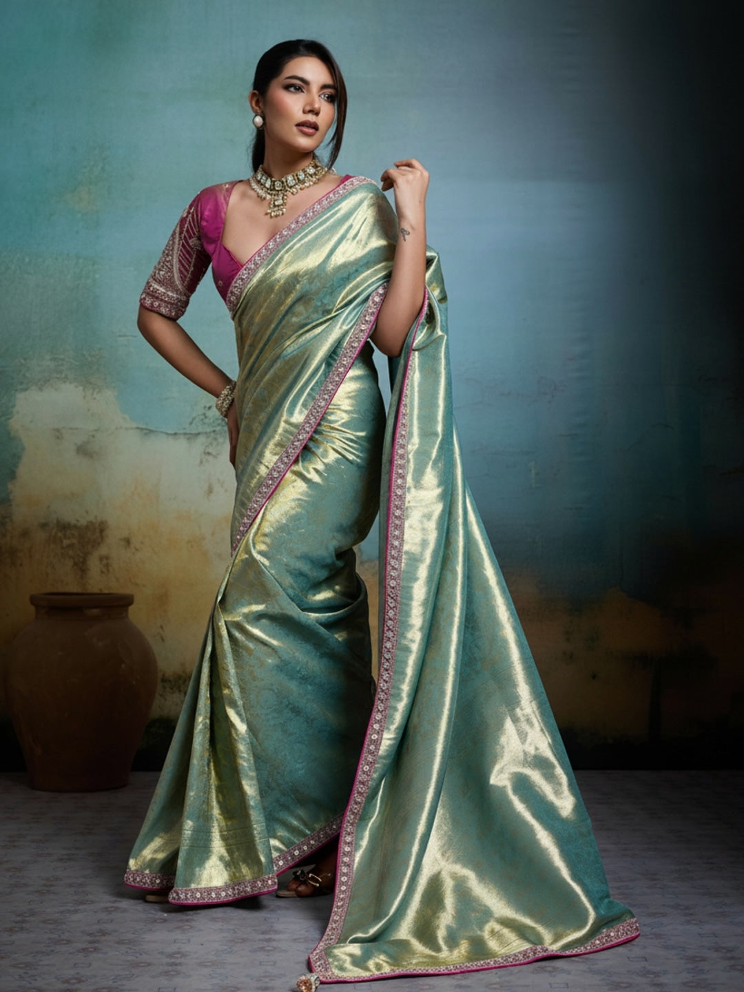 Peachmode Sea Green Tissue Banarasi Saree with Beads and Sequins Lace - Image 2