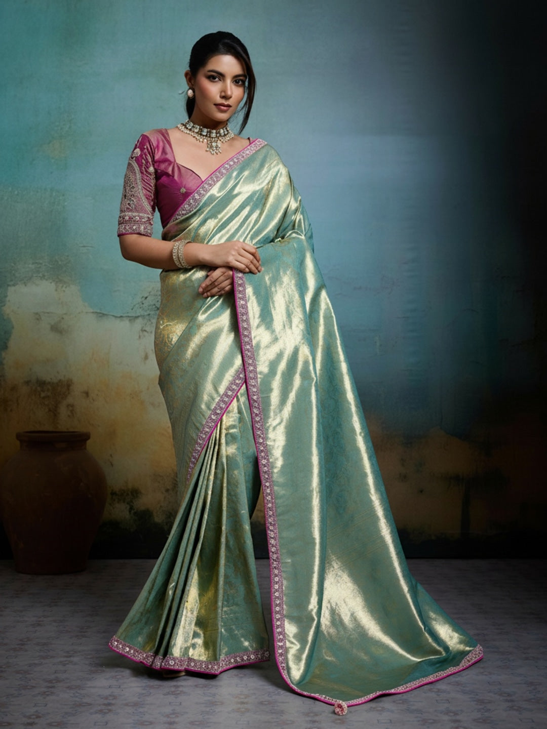 Peachmode Sea Green Tissue Banarasi Saree with Beads and Sequins Lace - Image 3
