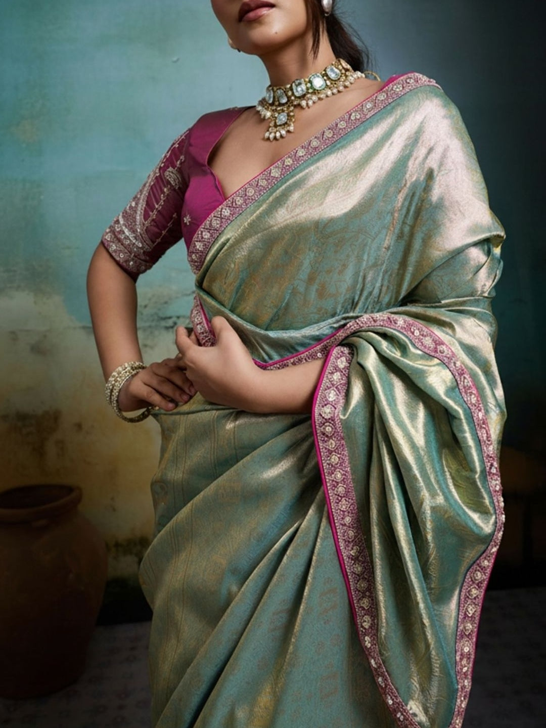 Peachmode Sea Green Tissue Banarasi Saree with Beads and Sequins Lace - Image 4