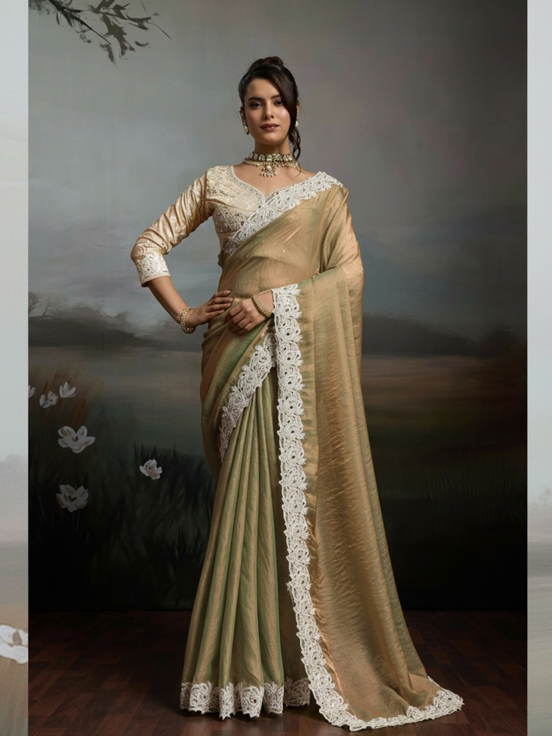 Peachmode Cream Satin Velvet Saree with Ivory Embroidery - Image 1
