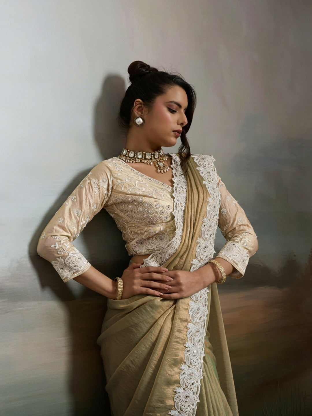 Peachmode Cream Satin Velvet Saree with Ivory Embroidery - Image 2