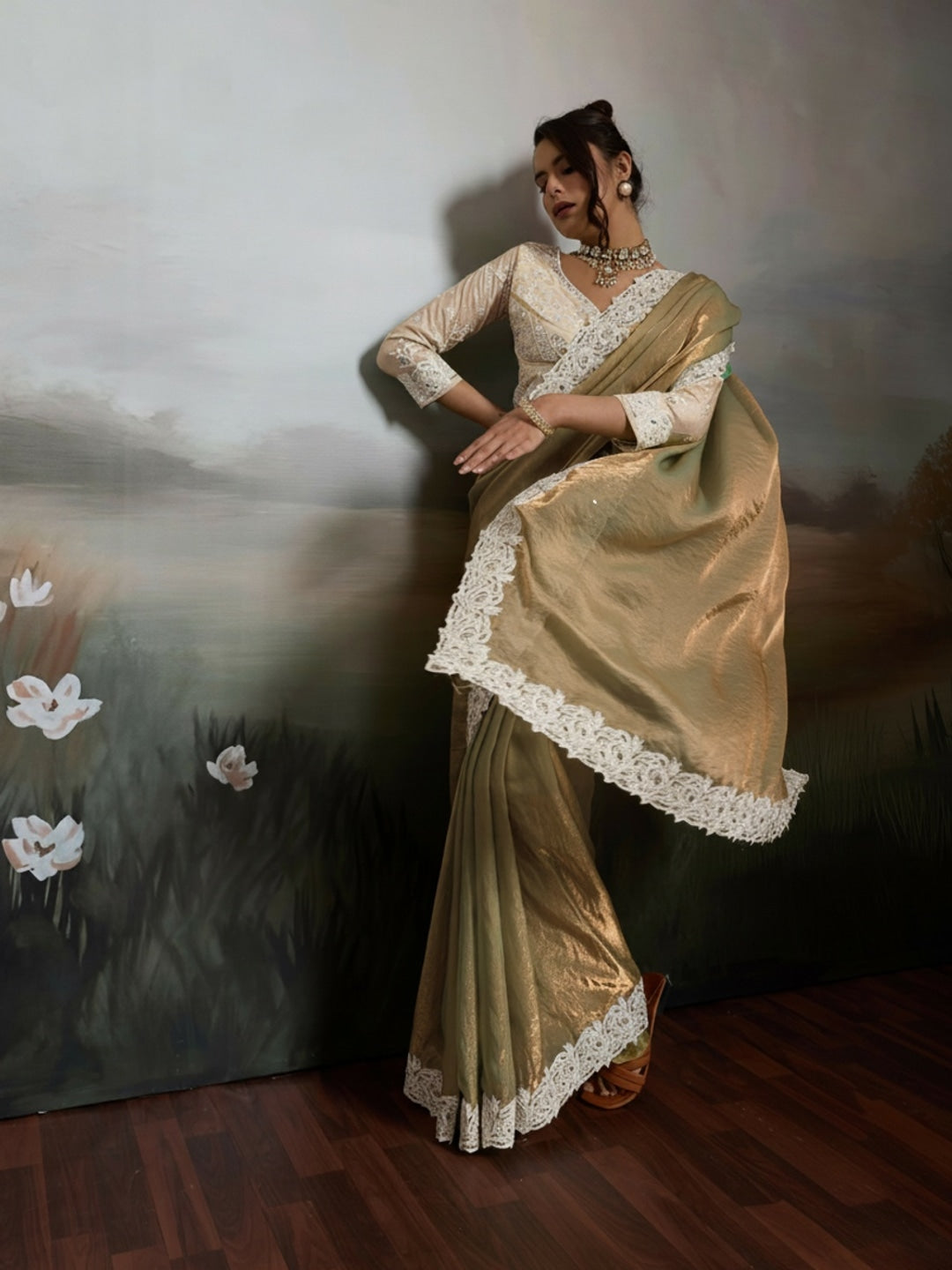 Peachmode Cream Satin Velvet Saree with Ivory Embroidery - Image 3