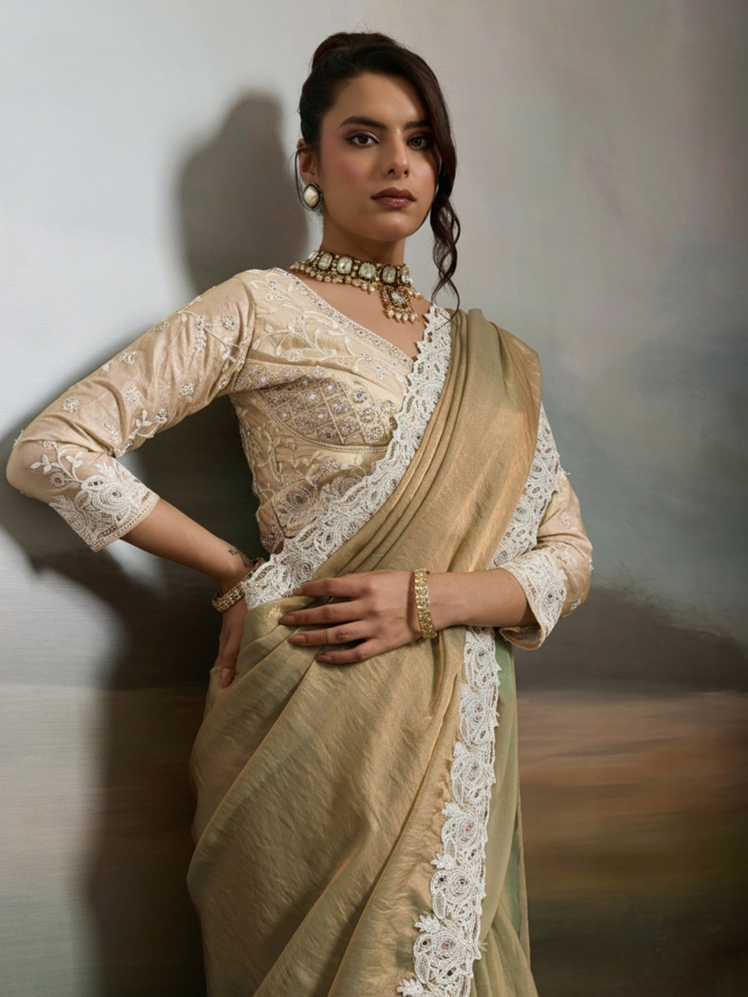 Peachmode Cream Satin Velvet Saree with Ivory Embroidery - Image 4