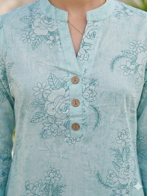 Mint Green Floral Printed Pure Cotton A-Line Casual Top - Image 2