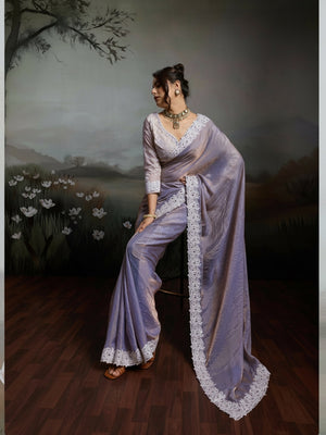 Peachmode Lavender Satin Velvet Saree with Ivory Embroidery - Image 1