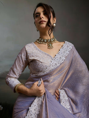 Peachmode Lavender Satin Velvet Saree with Ivory Embroidery - Image 2