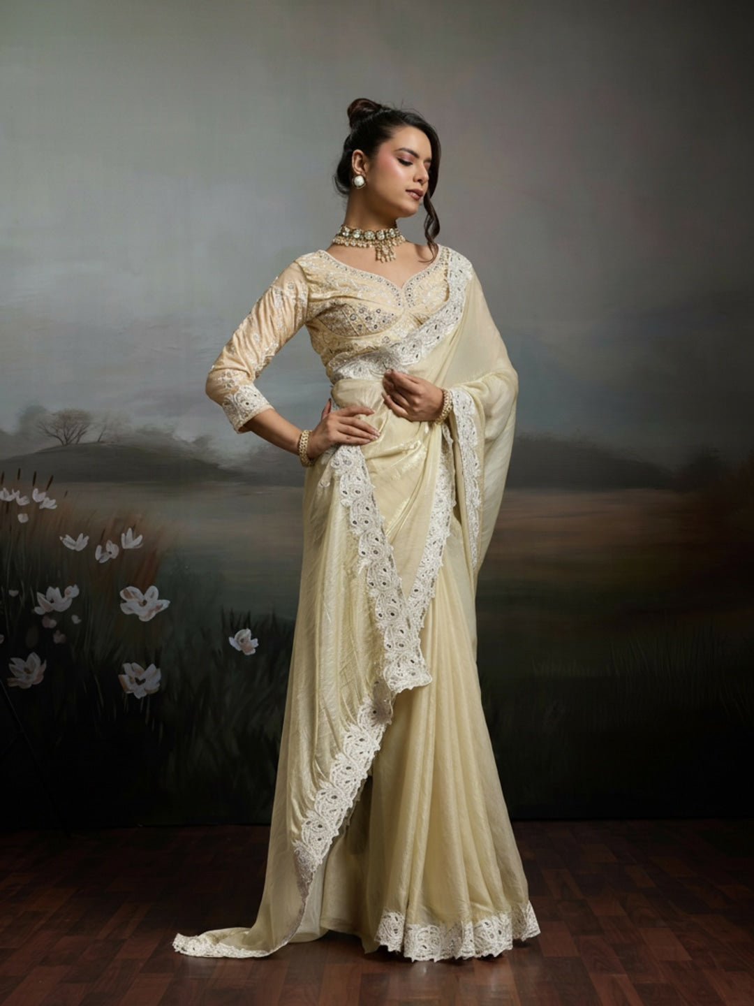 Peachmode Cream Satin Velvet Saree with Ivory Embroidery - Image 1