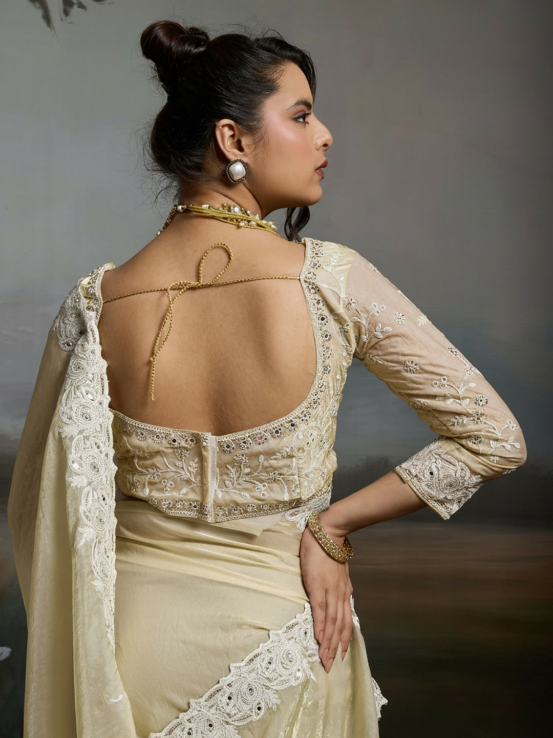 Peachmode Cream Satin Velvet Saree with Ivory Embroidery - Image 2