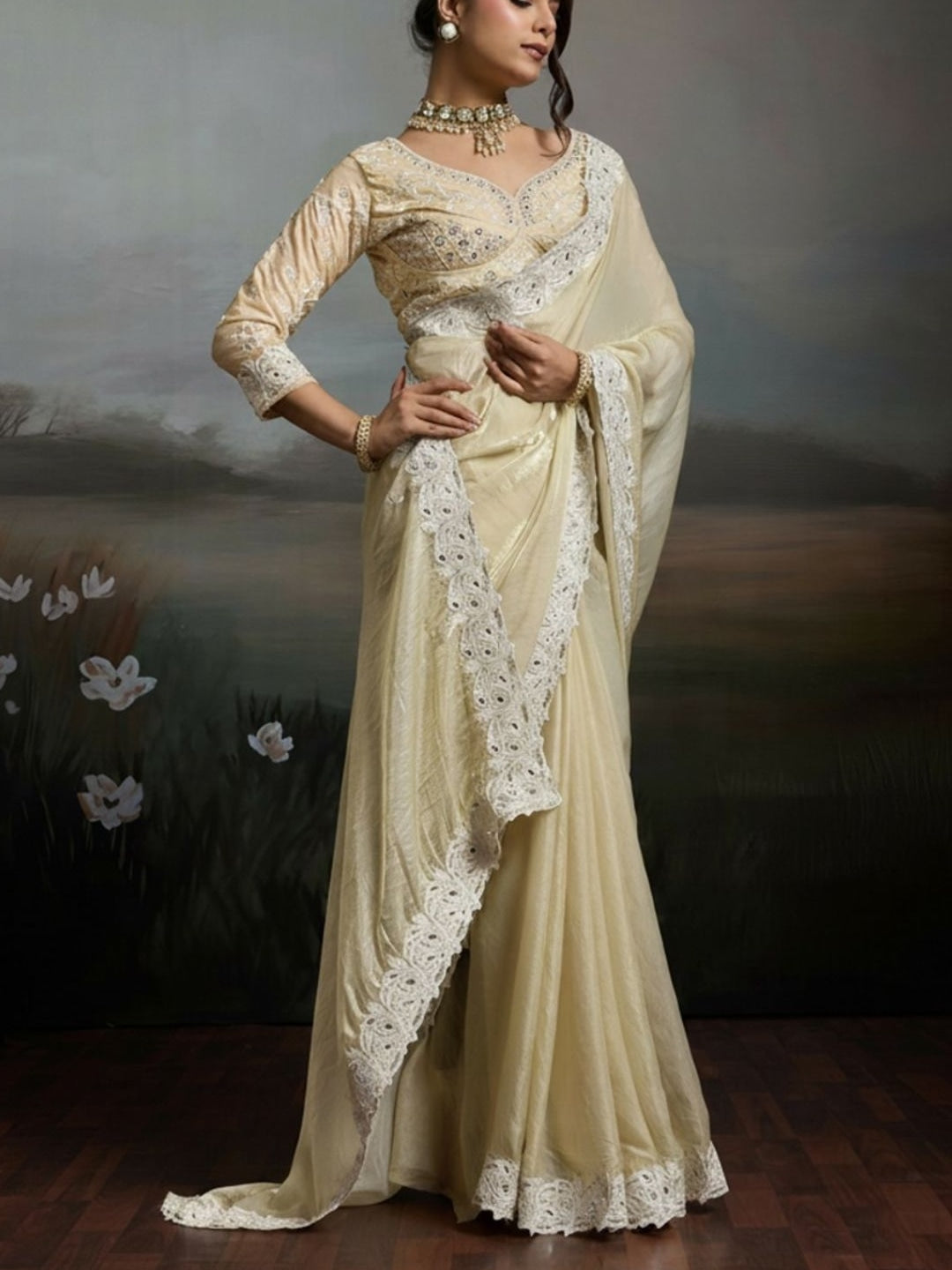 Peachmode Cream Satin Velvet Saree with Ivory Embroidery - Image 3