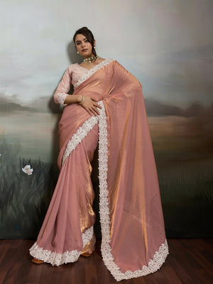 Peachmode Peach Satin Velvet Saree with Ivory Embroidery - Image 1