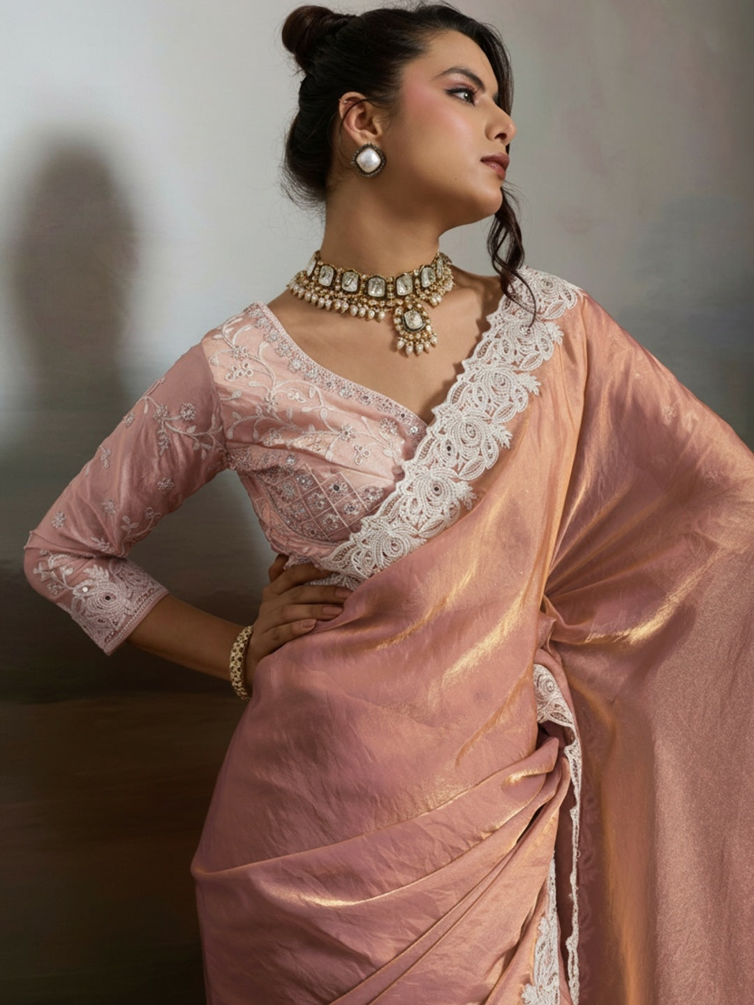 Peachmode Peach Satin Velvet Saree with Ivory Embroidery - Image 2