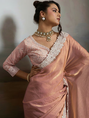 Peachmode Peach Satin Velvet Saree with Ivory Embroidery - Image 2