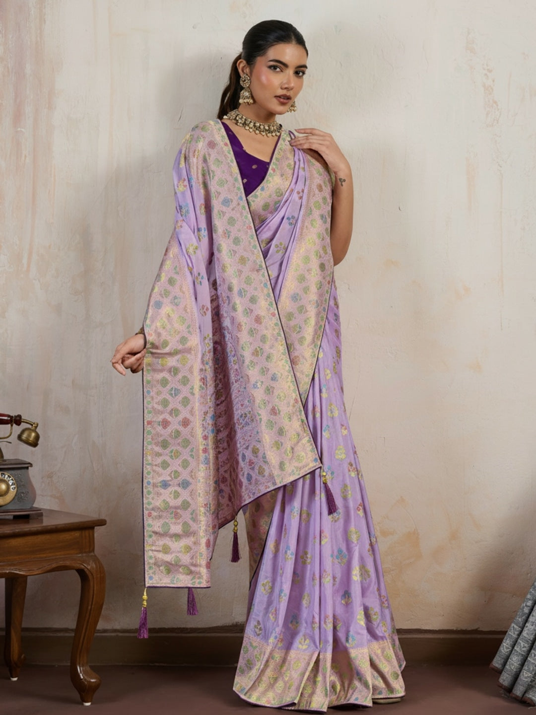 Peachmode Lavender Hand Dyed Chiffon Saree with Meenakari Weaving - Image 1