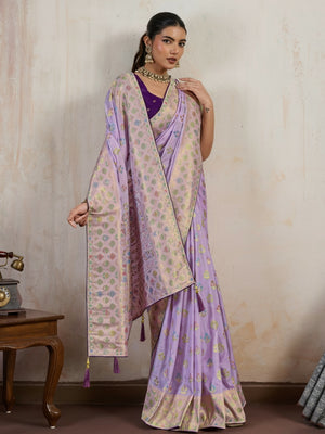 Peachmode Lavender Hand Dyed Chiffon Saree with Meenakari Weaving - Image 1