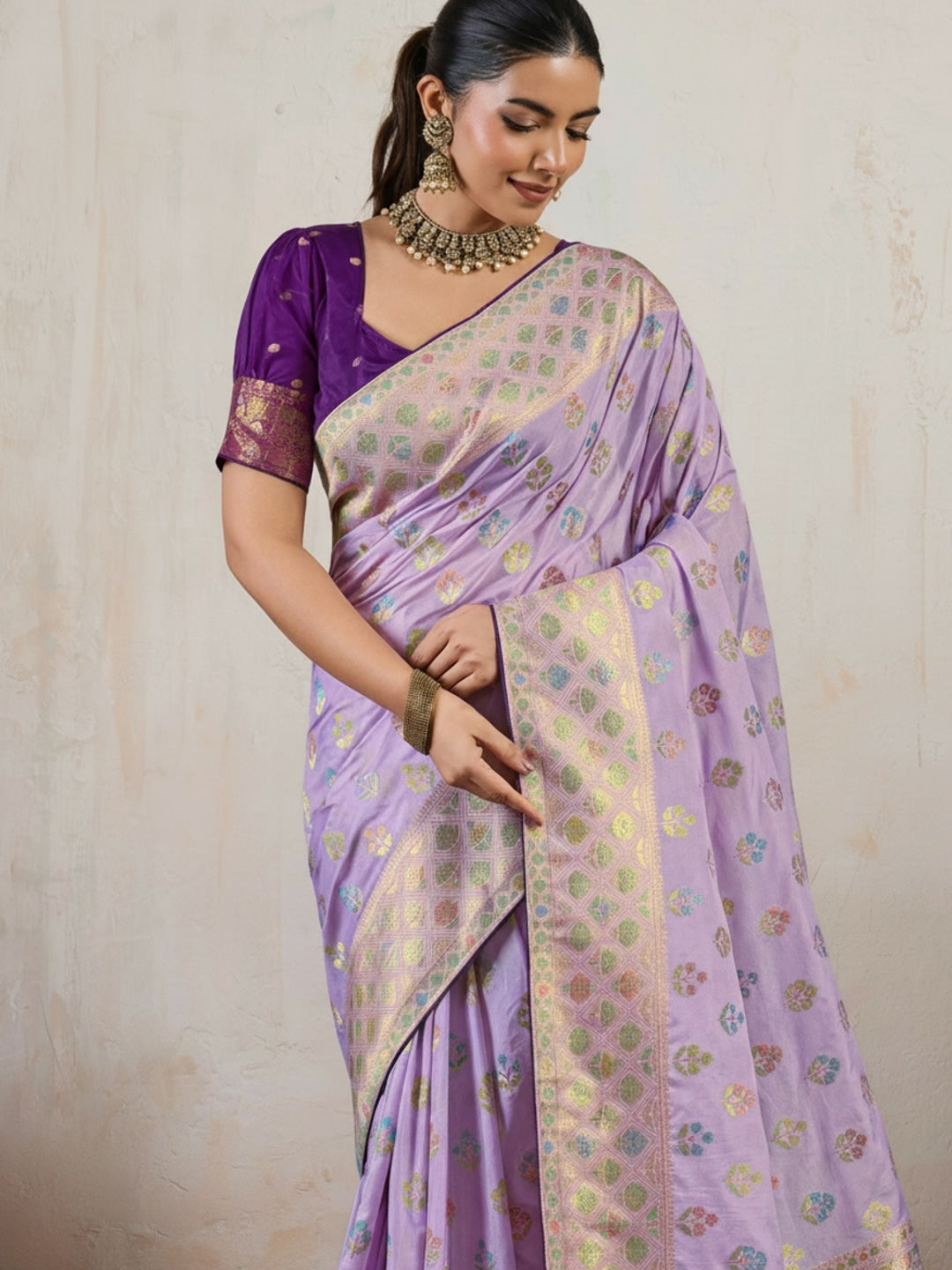 Peachmode Lavender Hand Dyed Chiffon Saree with Meenakari Weaving - Image 2