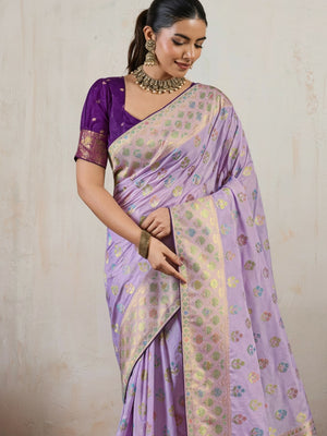 Peachmode Lavender Hand Dyed Chiffon Saree with Meenakari Weaving - Image 2