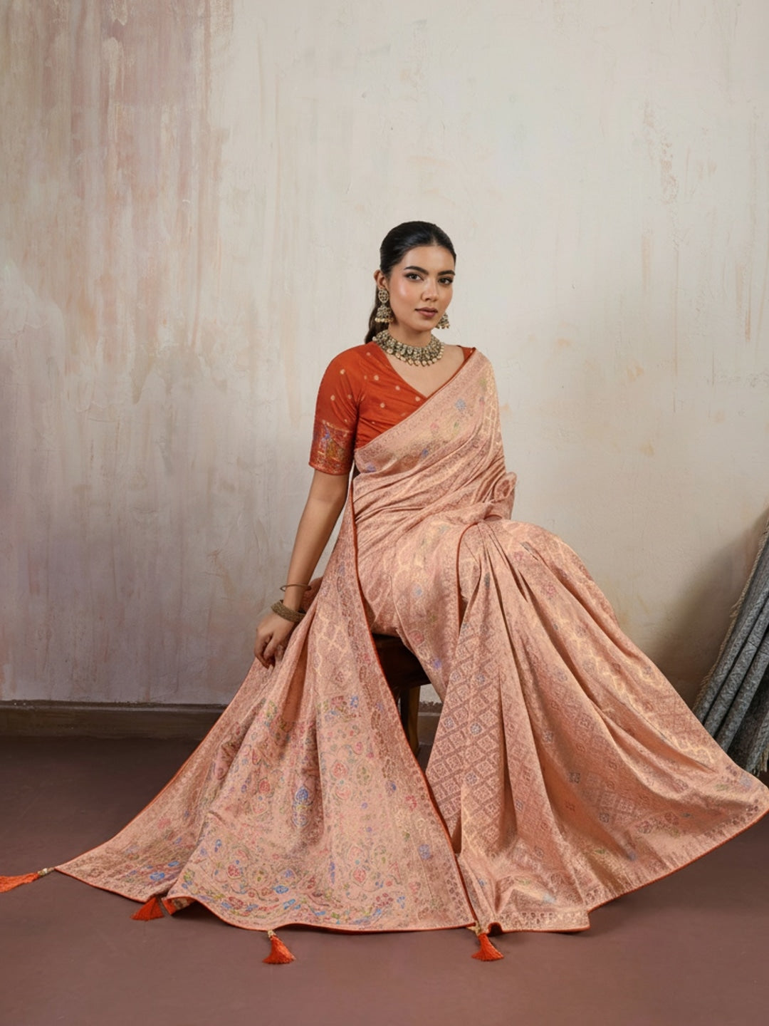 Peachmode Peach Hand Dyed Chiffon Saree with Meenakari Weaving - Image 1