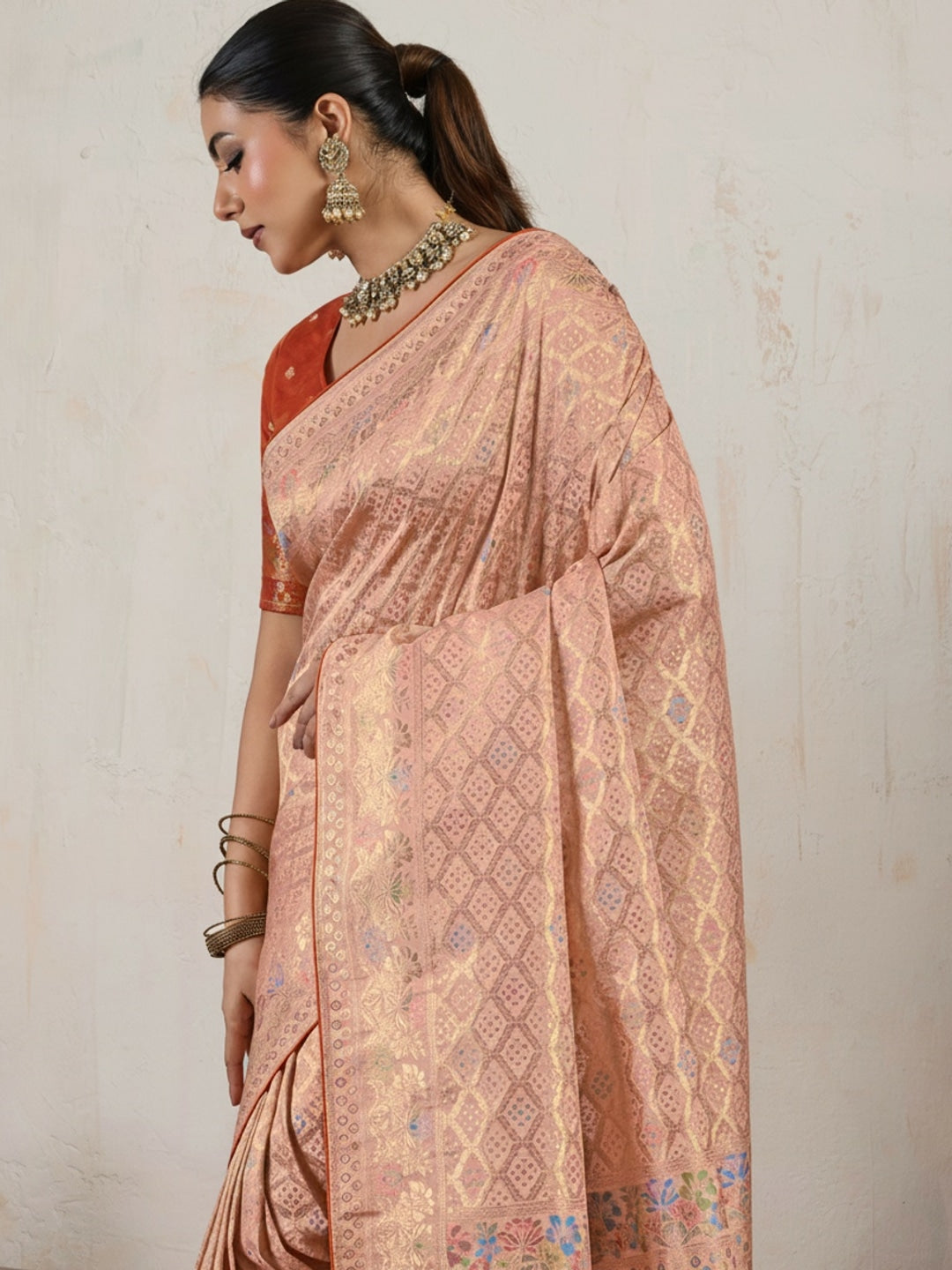 Peachmode Peach Hand Dyed Chiffon Saree with Meenakari Weaving - Image 2