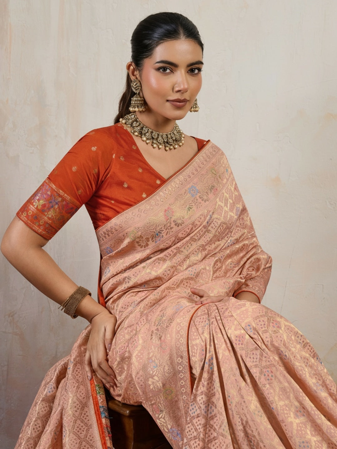 Peachmode Peach Hand Dyed Chiffon Saree with Meenakari Weaving - Image 3